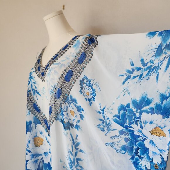 ASA Kaftans Beaded Jewel Caftan Top Tassel-Hem V-Neck Chiffon Blue White - Picture 4 of 12